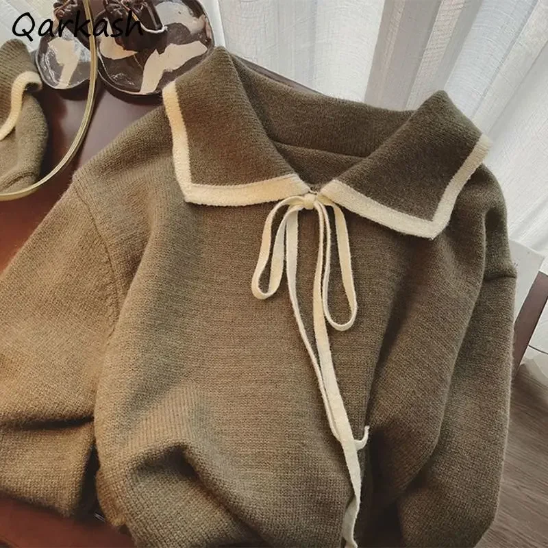 

4-цветные пуловеры с воротником Питера Пэна, женские лоскутные пуловеры на шнуровке, милые милые студенческие осенние свитера с длинными рукавами в японском стиле