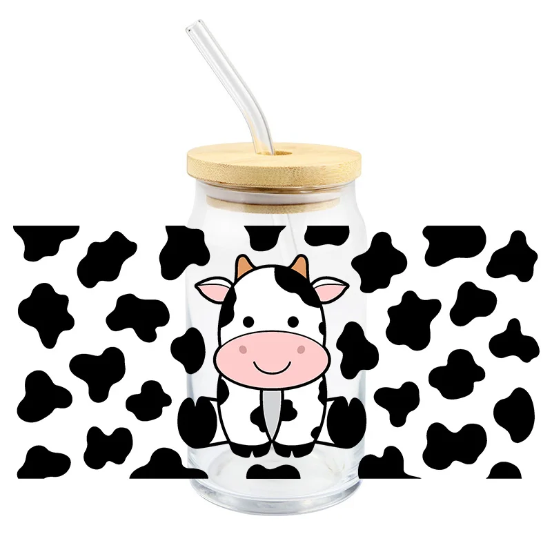 16 OZ Glass Cups UV DTF Cow Transfer Sticker For Wraps DIY Waterproof Easy To Use High Temperature Resistance Custom Decals