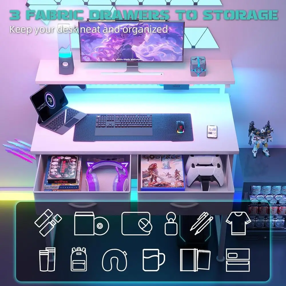 Small Desk with Drawers, 31 Inch Computer Desk with Power Outlet & LED Light, Gaming Desk with Adjustable Monitor Stand & Pegboa