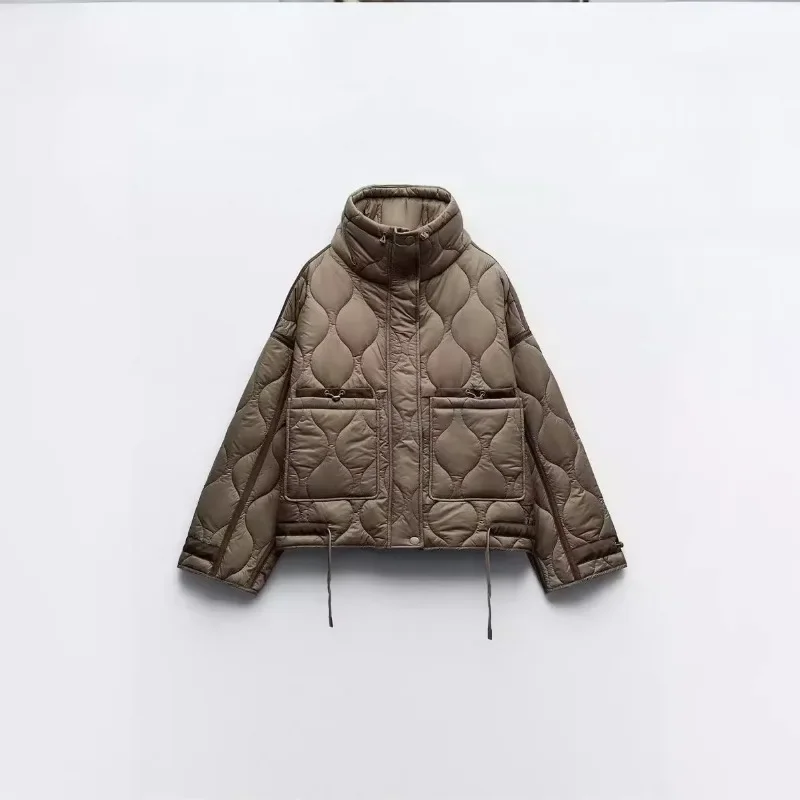 Chaqueta de algodón cálida a la moda para mujer, chaqueta acolchada Vintage con cuello levantado y bolsillos grandes, cremallera frontal de manga larga con botones