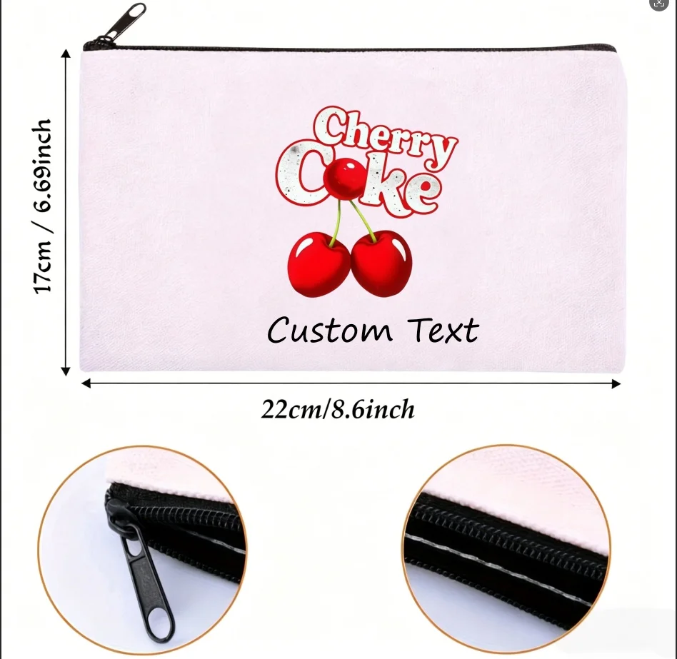 1PC Custom Text Cherry Pattern Makeup Bag Personalized Canvas Zipper Cosmetic Pouch Travel Toiletry Stationery Pen Case Gift