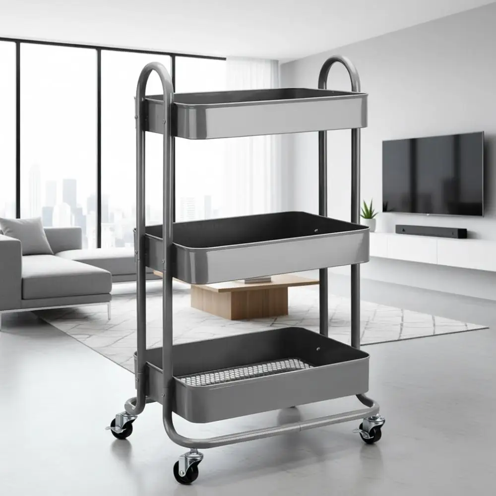 

Трехуровневая мобильная кухонная тележка с блокируемыми колесами, универсальным хранилищем и металлическим органайзером, цвет угольный