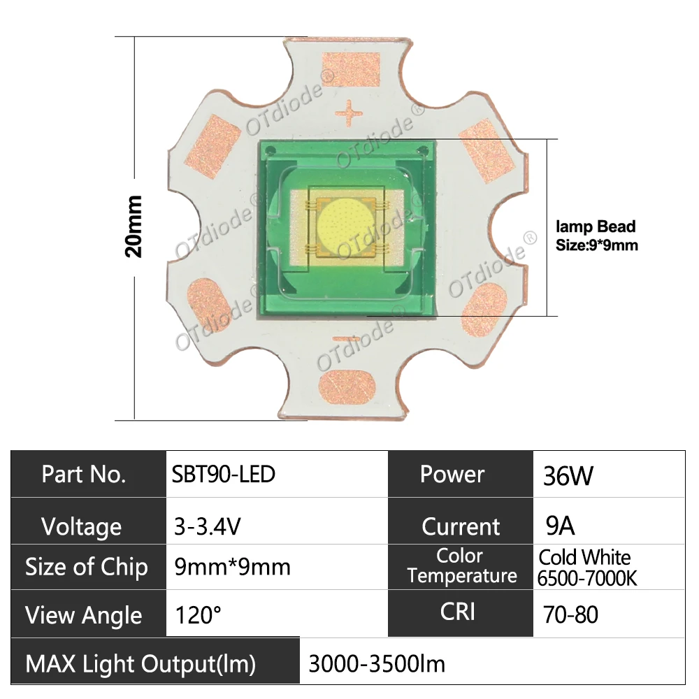 1PCS Original SBT-90 30W LED Lamp Emitter 2500LM White 6500K Green 620nm Module PCB 20mm Copper +SBT-90 LED 32mm Driver Board