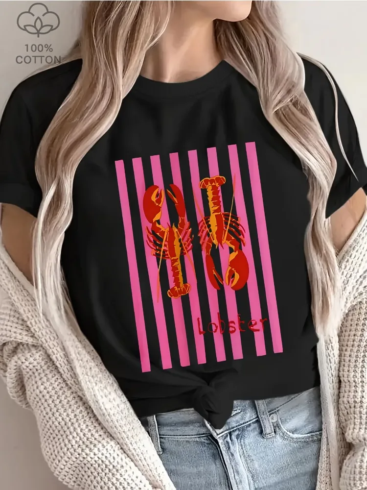 

Red Lobster Pattern and Pink Stripe Soft Daily Short Sleeved Top for Women's T-shirt Casual Beach Party Outfit Bold Print
