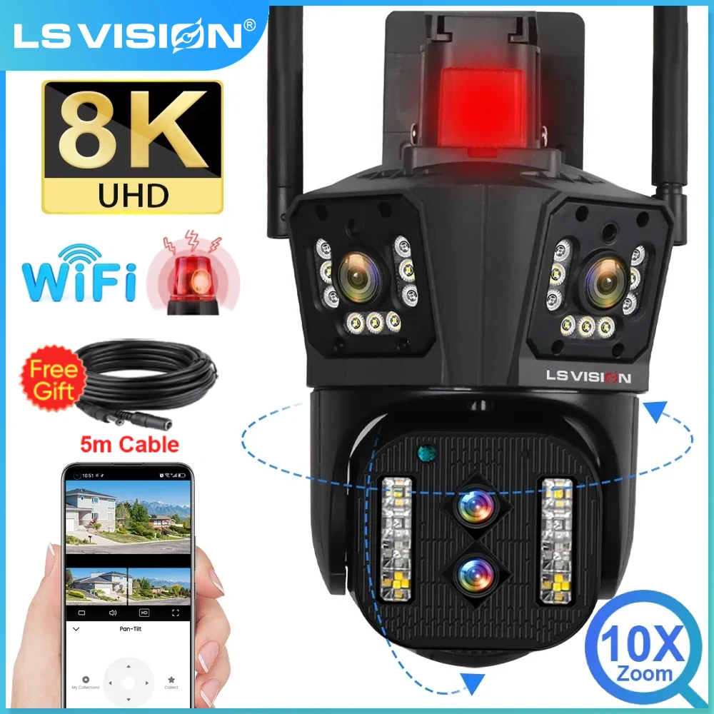 LS VISION 8K UHD WIFI Camera 10X Zoom Four Lens Outdoor Wifi Survalance Camera Security Protection Auto Tracking PTZ IP Camera