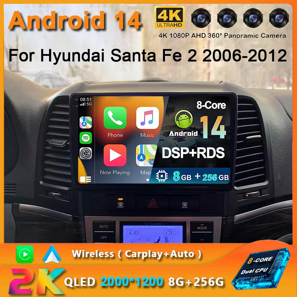 

Автомагнитола на Android 14 DSP, мультимедийный видеоплеер с GPS-навигацией для Hyundai Santa Fe 2 2006-2012 2din, головное устройство Carplay