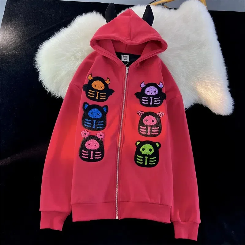 Harajuku Little Demon Hoodies Women Devil Horn Design Sweater Student Top Goth Sweatshirt High Street Zip Up Hoodie Y2k Clothes