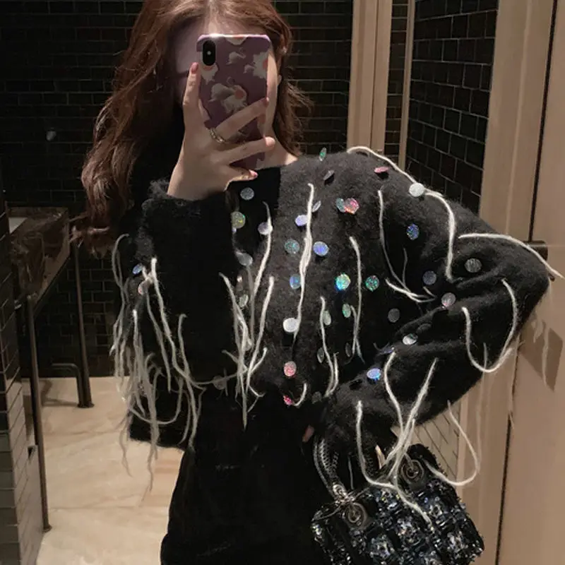 Women Glittering Sequins Wool Fringed Thin Sweater Loose Beaded Crocheted Tassels Pullover Knit Jumpers Tops Bright Silk Sueter