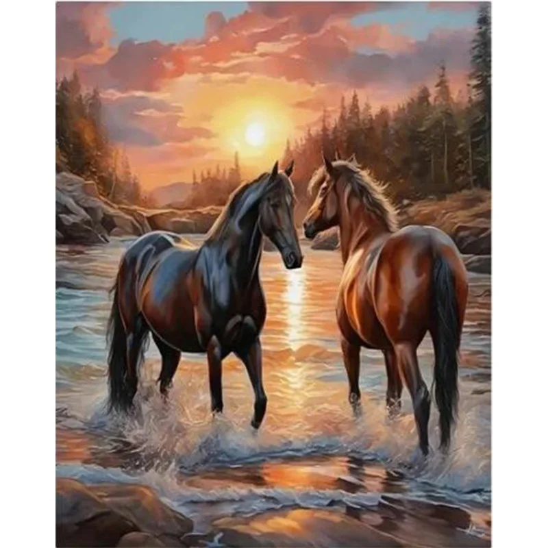 AB Diamond Cross Stitch Two fine horses in the setting sun 5D DIY Diamond Embroidery Rhinestone Painting Diamond Painting