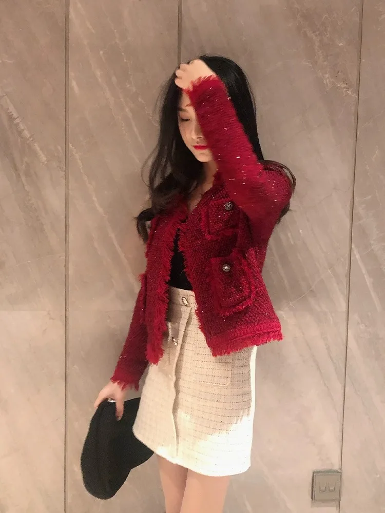 

Vintage Small Fragrant Style New Black Double Breasted Tassel Cardigan Jacket Autumn Winter Women's Red Elegant Long Sleeve Tops