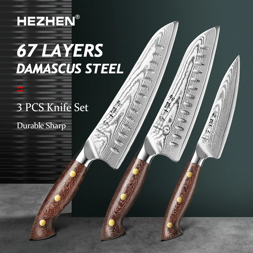 HEZHEN 3PC Chef Kitchen Knife Set 67 Layers Damascus Steel Beautiful Gift Box Santoku Utility Knives Micarta Handle Sharp Tools