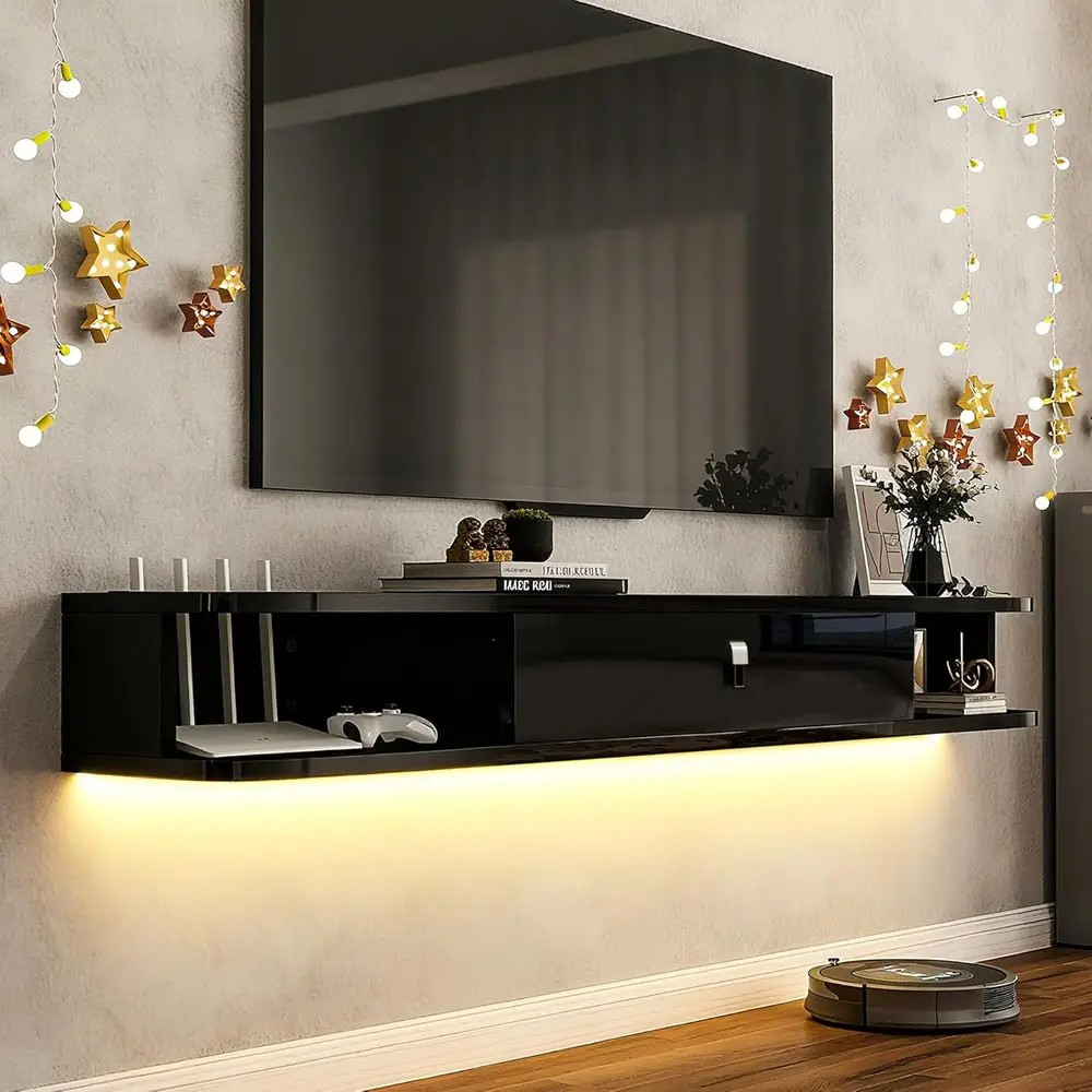 

Тумба под телевизор с LED-подсветкой 55-65 дюймов, глянцевая черная, с местом для хранения