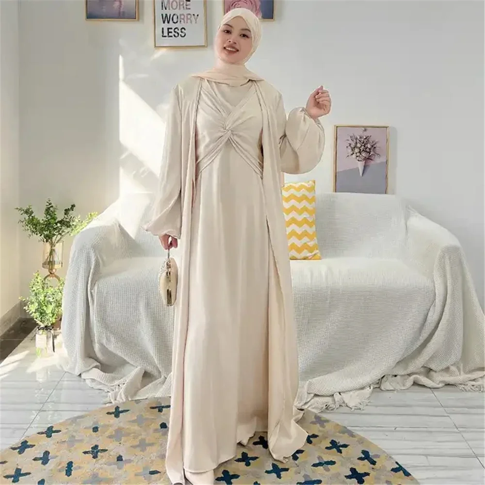 Eid 2 Piece Abaya Matching Muslim Sets Hijab Dress Open Abayas for Women Dubai Turkey Long Sleeve Inner Dresses African Islam