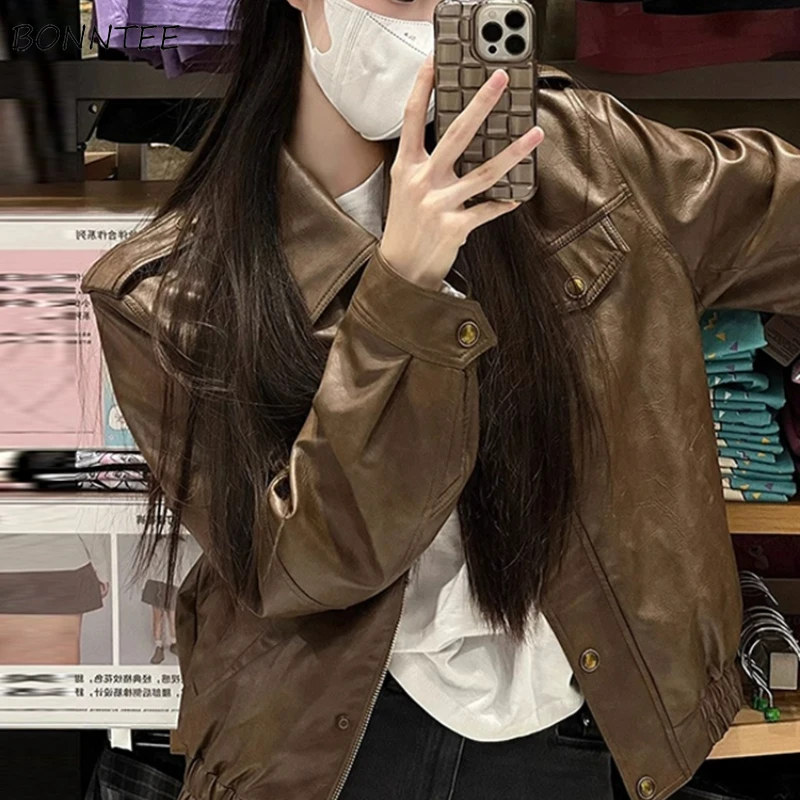 

Leather Coats Women Stylish High Street Creativity Design Vintage Harajuku Classic Outwear Jackets Korean Style Temperament New
