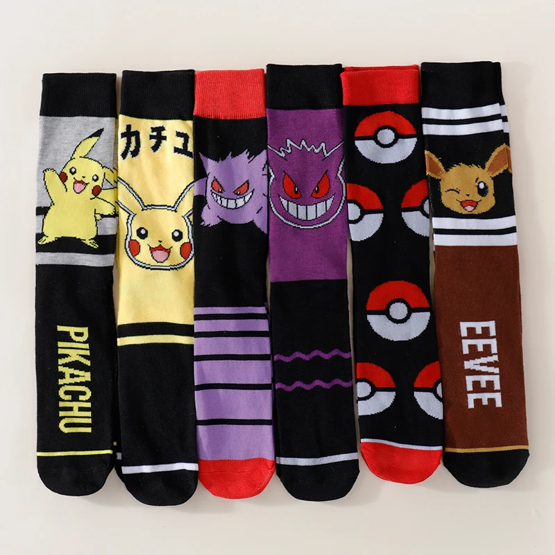 6 Paar modische Cartoon-Anime-Socken für Damen von Poké Mon. Vielseitige, süße und niedliche Pikachu-Socken mit langen Röhren und Buchstaben