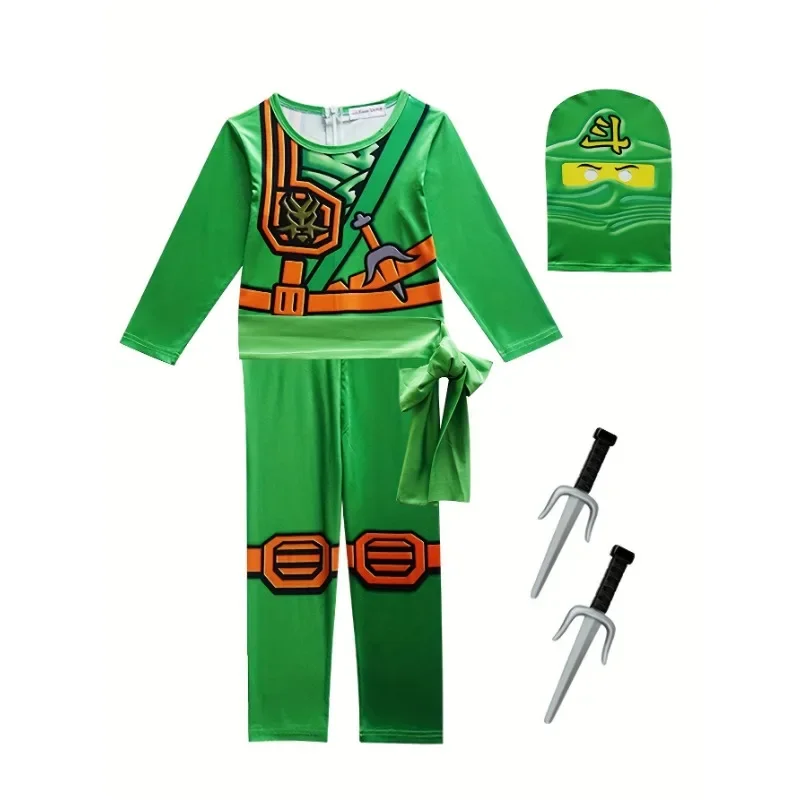 Cartoon Anime Printed Boy Ninja Costume Game Mask and Ninja Fork Accessory Set Halloween Set Party Funny Set for Boys and Gi*1W@