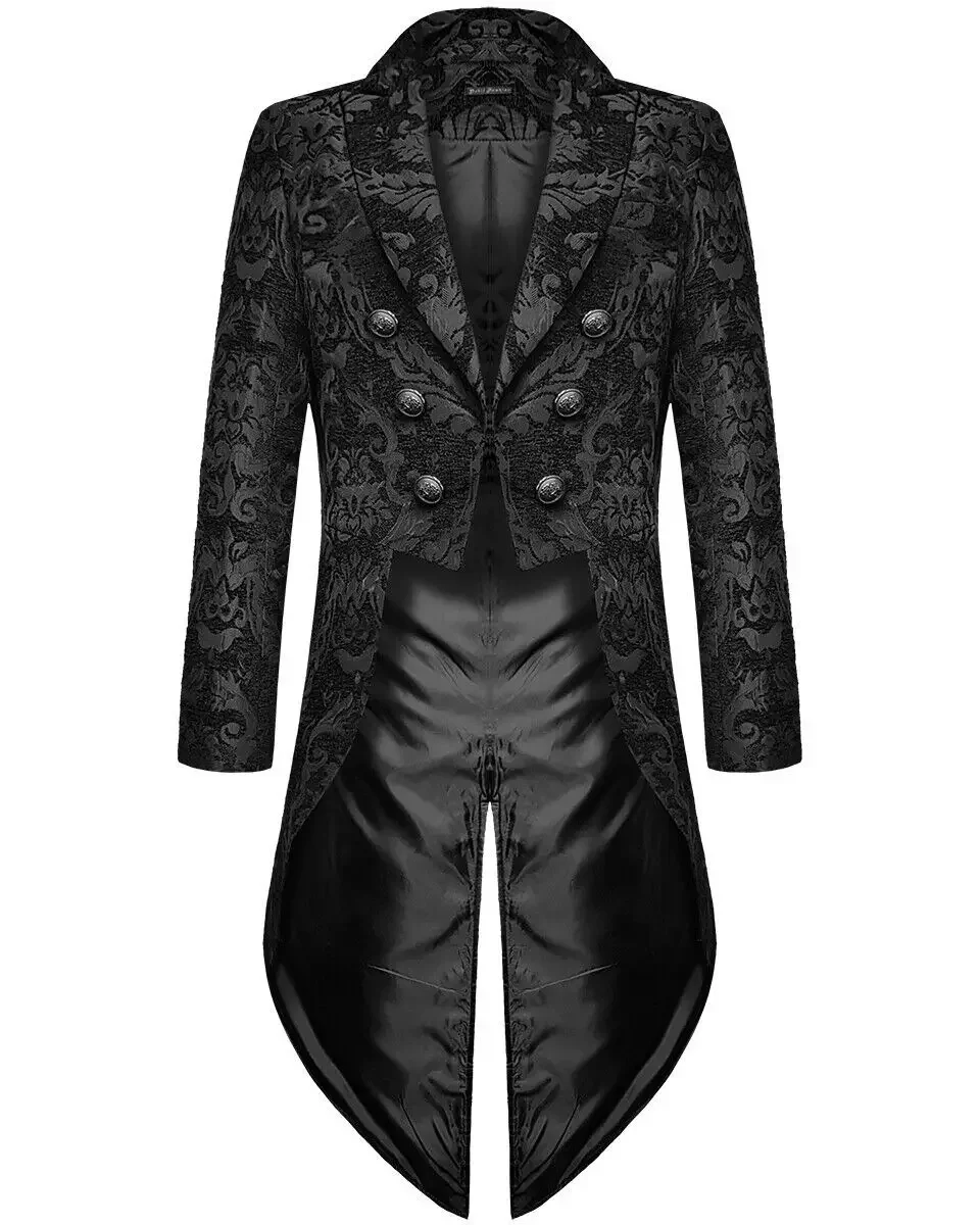 2023 Men\'s Autumn Fashion Gothic Steampunk Tailcoat Jacket Black Brocade Wedding Coat