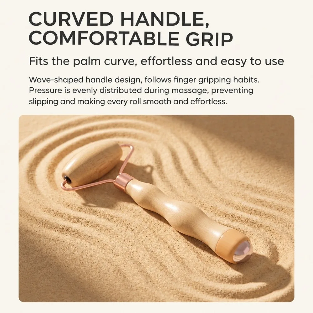 Bamboo Wood Face Massage Roller Metal Ball Curved Bracket Facial Massager Polished Handle Dual End Facial Massage Stick Home Use