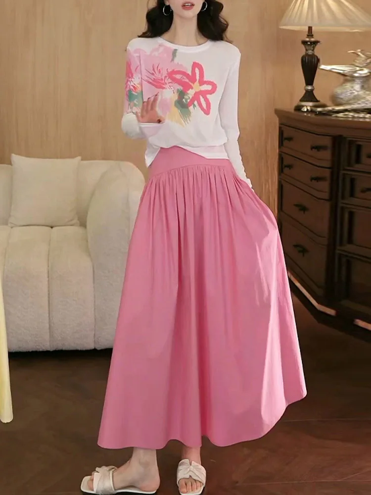 

Retro Pink Gored Skirt High Waist Midi A-Line Summer New Style Women's Fashionable Skirts Casual Wear Polyester Fiber Long Sl...