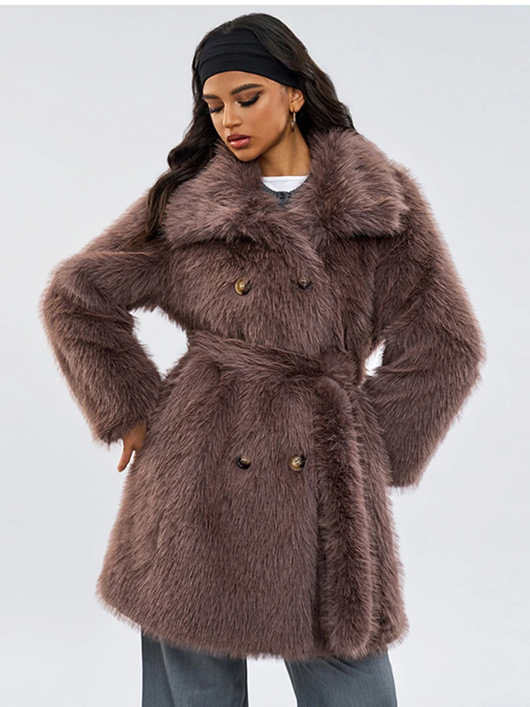 

Elegant winter coat women's loose waistband fluffy faux fur long lapel jacket plush coat