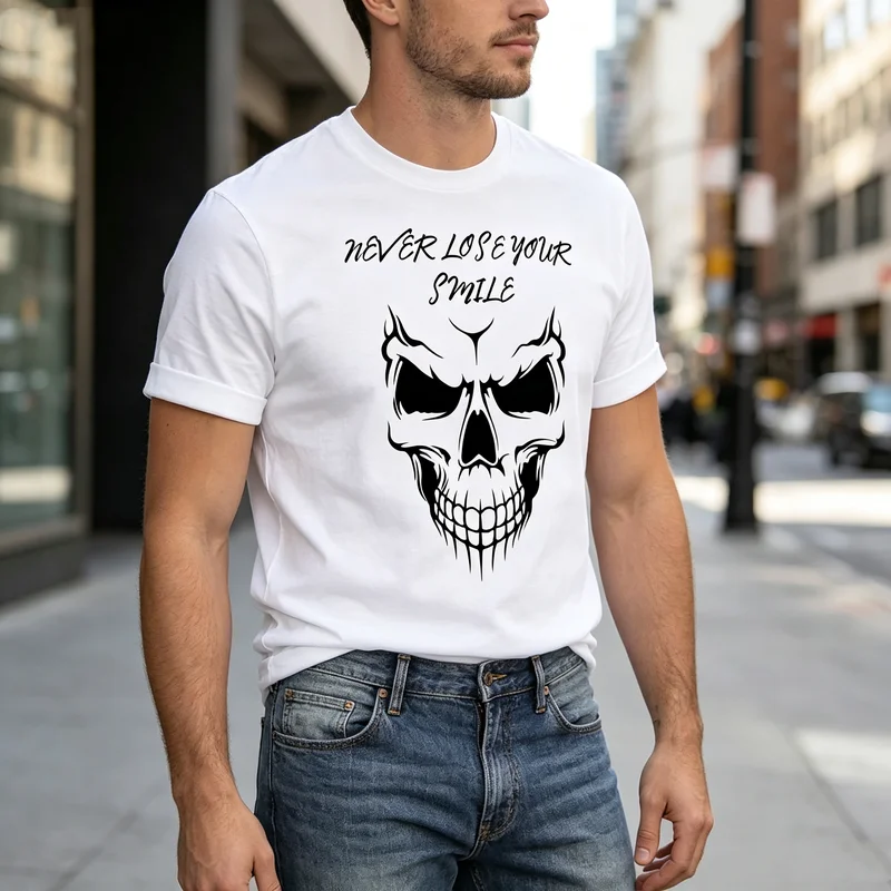 Motivational Skull Tee Never Lose Your Smile Skeleton Print Men Women Cotton Short Sleeve Streetwear  Y2k Oversized T Shirt