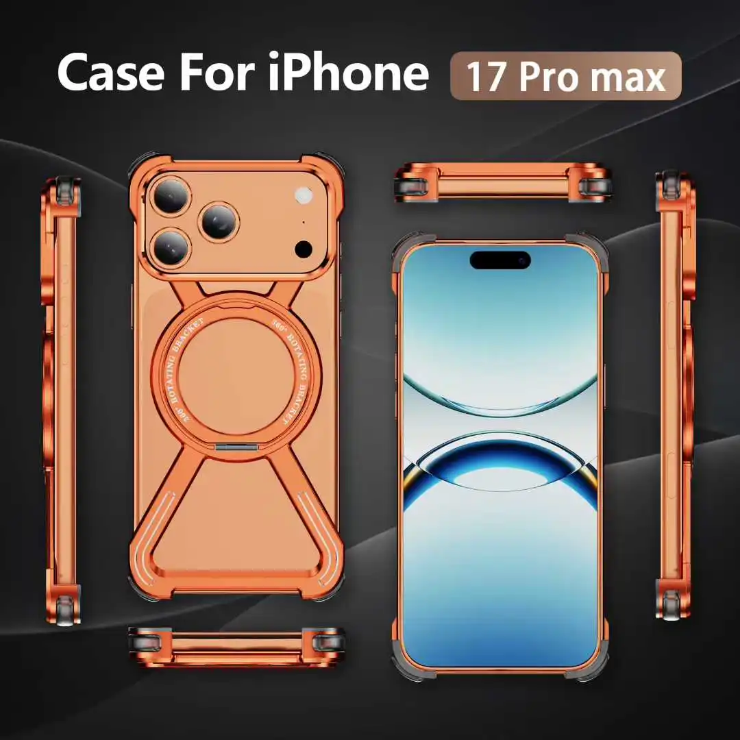 Magnetic Metal Holder Phone Case For Iphone 13 14 15 16 17 Pro Max Aluminum 360 Degree Rotating Stand Hollow Cooling Phone Cover