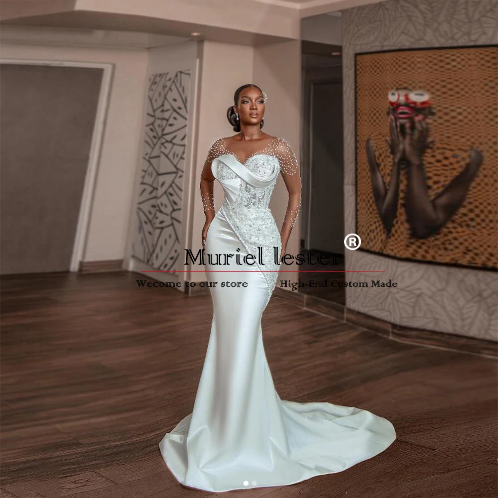 African Ivory Mermaid Wedding Dresses For Bride Sheer Neck Long Sleeve Appliques Beaded Garden Country Women Civil Bridal Gowns