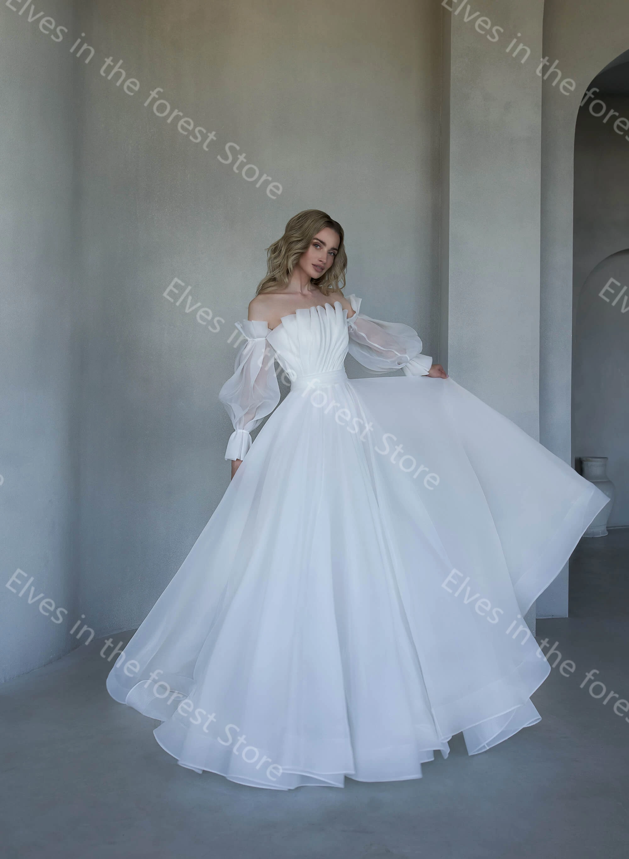 Simple A Line Wedding Dresses for Bride Pleated Floor Length Bridal Gowns with Detachable Sleeves Sexy Ruched Vestidos De Mariee