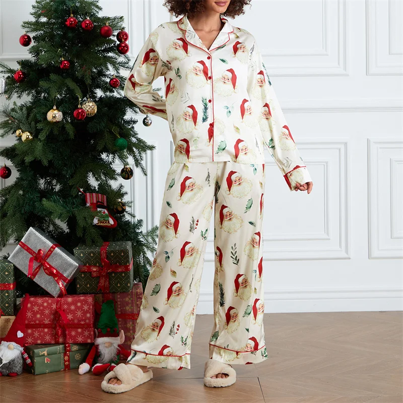 Cute Print Christmas Pajamas Set for Women 2 Piece Slik Satin Santa Matching Set Long Sleeve Shirt Pants Pj Sets Loungewear