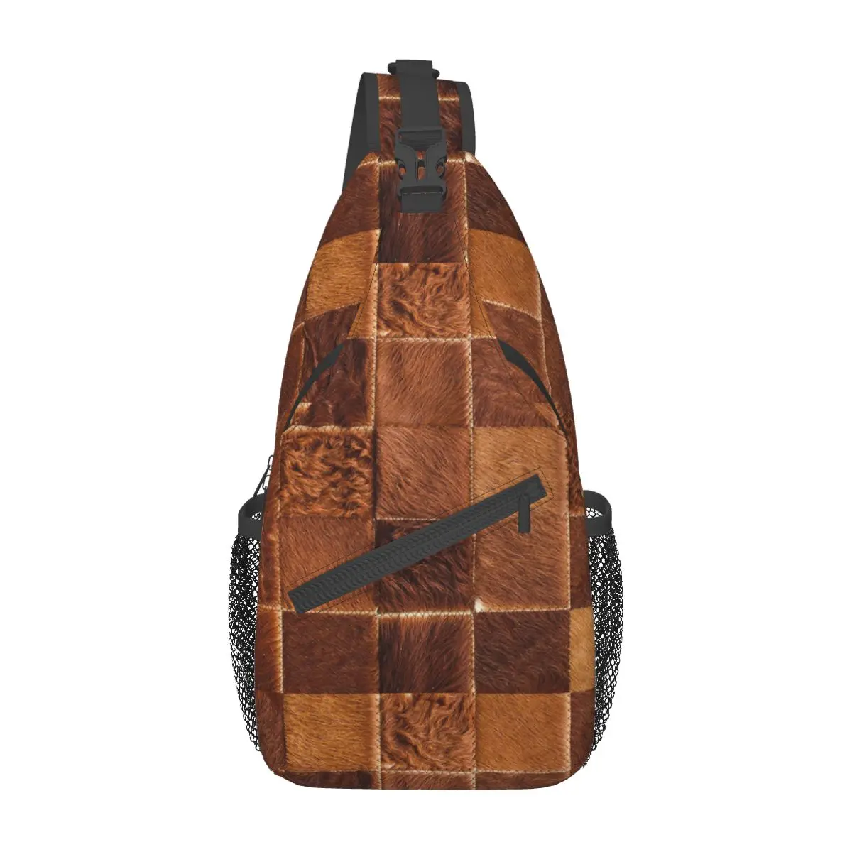 Checkered Cowhide Sling Bag Chest Crossbody Shoulder Sling Backpack Outdoor Sports Daypacks Animal Fur Leather Printed School