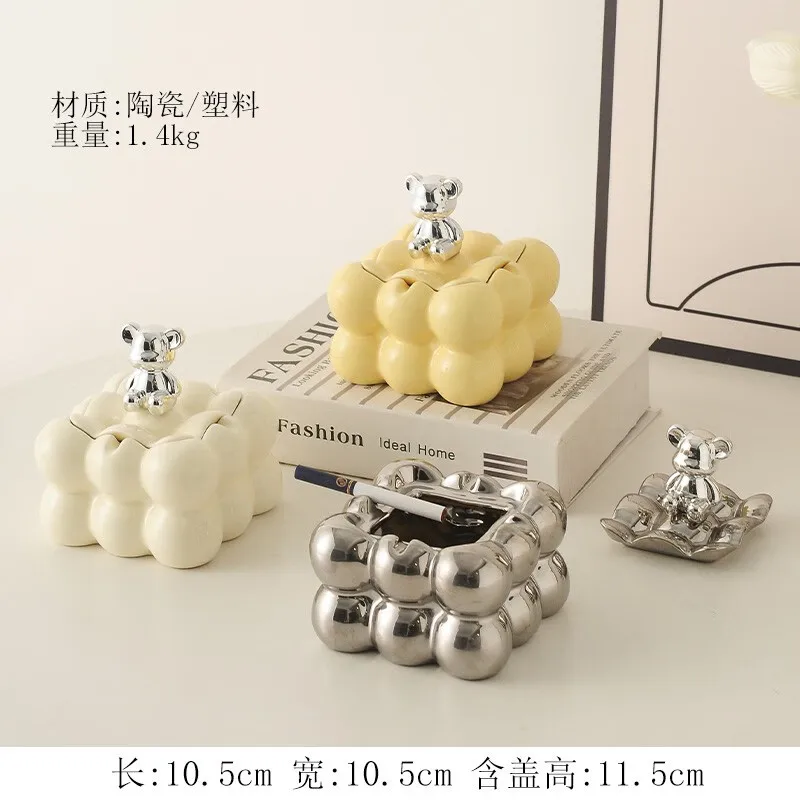 Luxury ins, high beauty, ashtray, cream style, bear decoration, tea table, creative office, living room, home furnishings