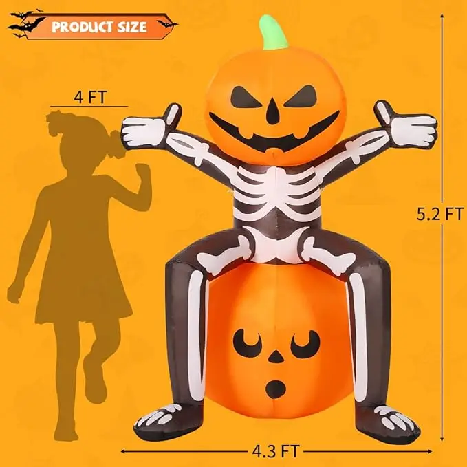 5 pés de Halloween inflável crânio esqueleto cabeça de abóbora LED explodir para festa no jardim