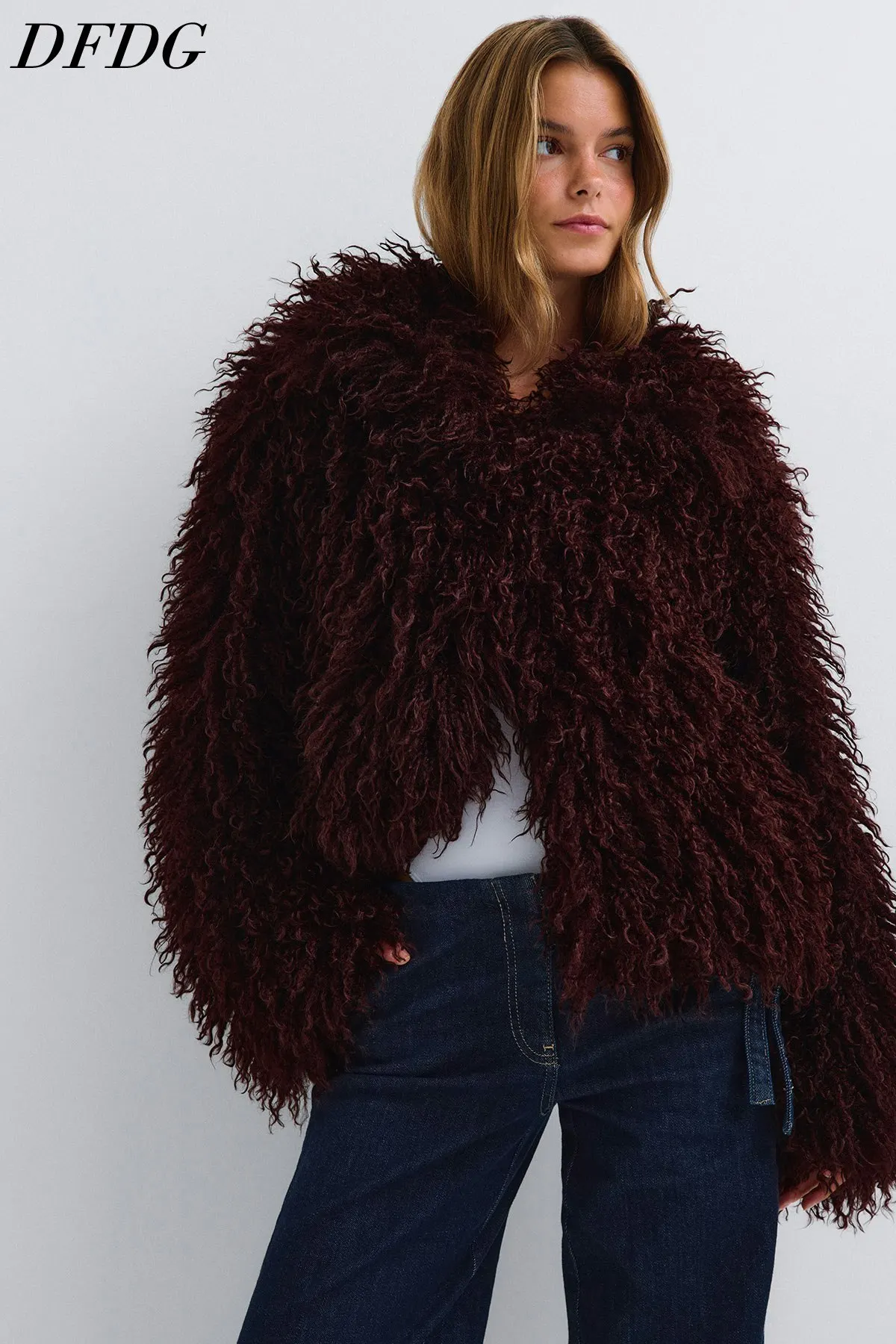 DFDG Women 2026 Curly Shaggy Faux Fur Jacket Loose Cropped Open Front Thick Fluffy Trendy Winter Fashion Evening Outerwear