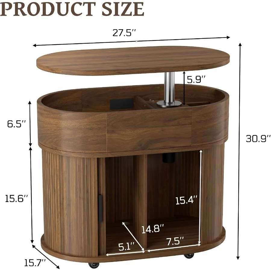 Fluted Oval Lift Top Coffee Table with Storage, Rotating Tabletop and Wheels for living room, wood veneer, walnut finish, space