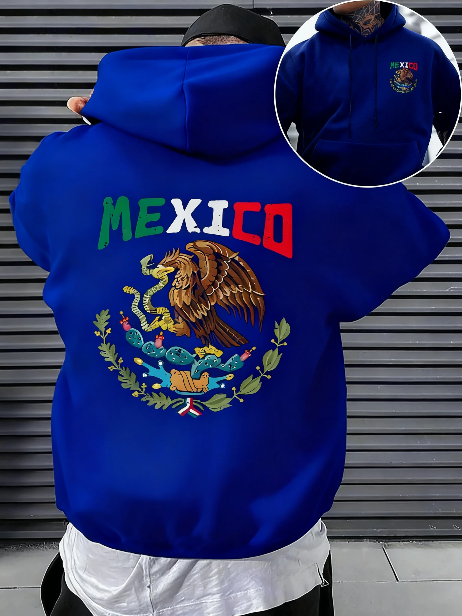 بلوفر رجالي بغطاء للرأس يتميز برسومات شعار نسر وأفعى المكسيك، ملابس خارجية مريحة وأنيقة لملابس غير رسمية #2