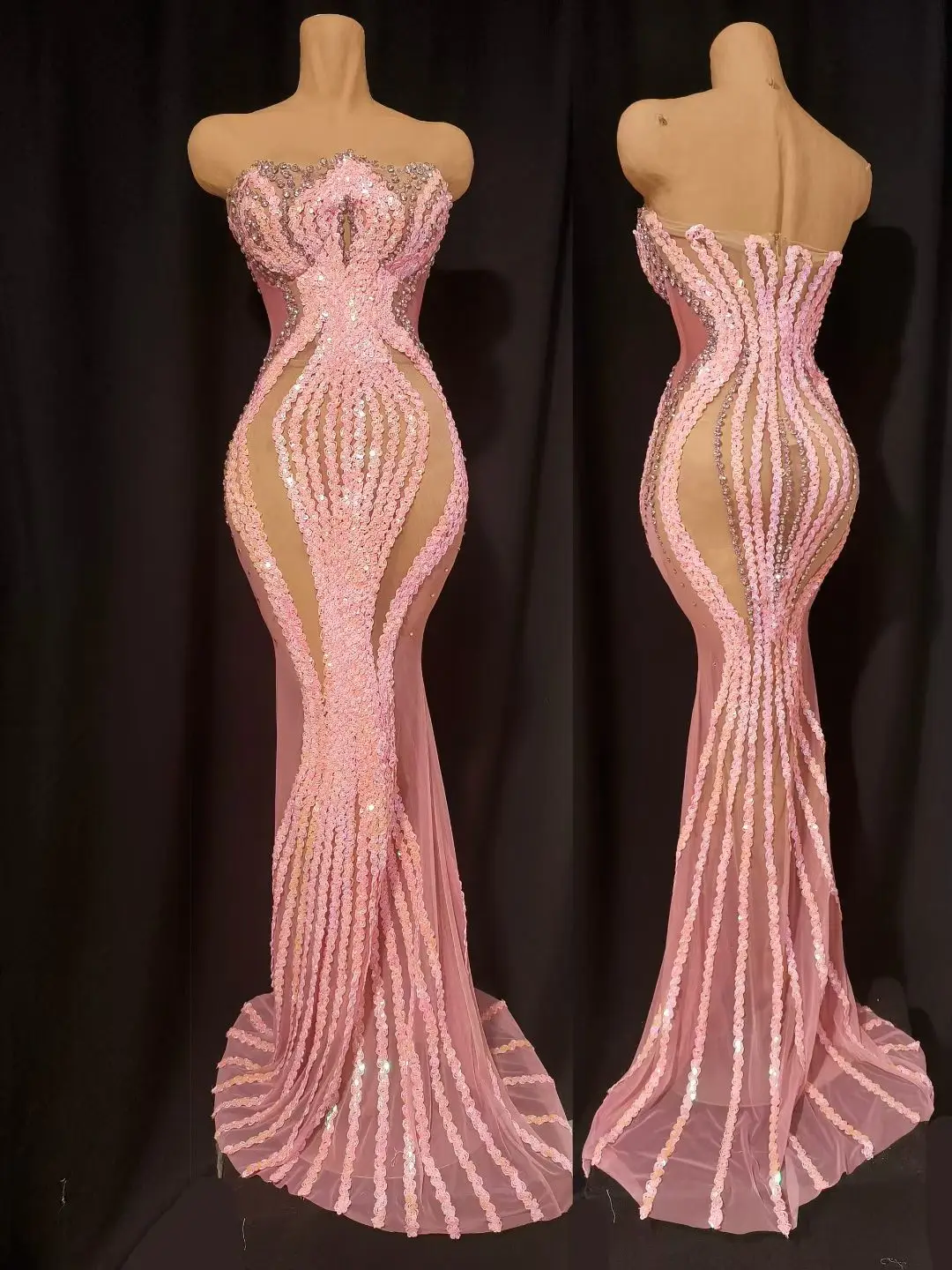 

Sexy Shiny Pink Rhinetones Sequins Strapless Mesh Sheer Long Dress Birthday Evening Celebrate Party Nightclub Show Stage Wear