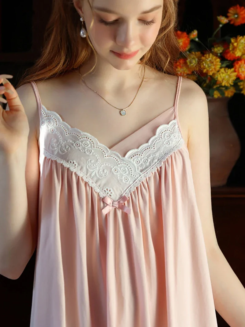 French Princess Nightwear Sleepwear Camisole Sweet Girls Cotton Sexy Backless Summer V-Neck Fairy Victorian Nightgowns for Women