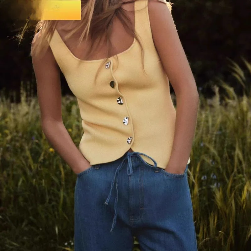 

Новинка лета 2025, женский облегающий круглый топ с ремешком на бретельках и плоской иглой, жилет с овальным ремнем, цельный предмет для поездок на работу