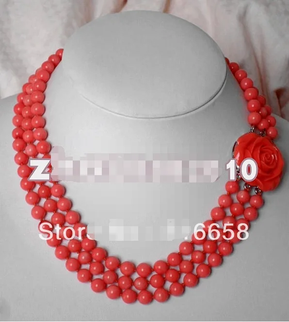 

Women Gift word Love New Rare 3 rows 6mm Japan Pink red Sea coral beads necklace mujer for flower silver-jewelry