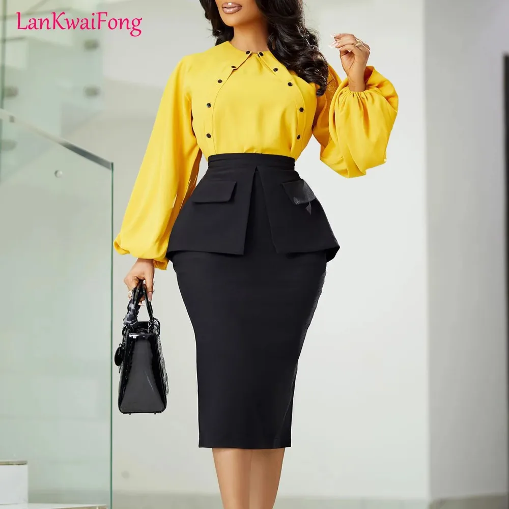 

2024 Fashion Style OL Tongle Long Sleeve Top Wrap Hip Skirt Set Autumn New Style Two Piece Set