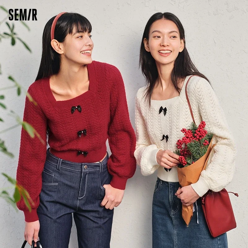 

Semir 2024 Sweater Women Short Square Neck Bow Sweet Girly Spring New Gentle Slim Textured Top