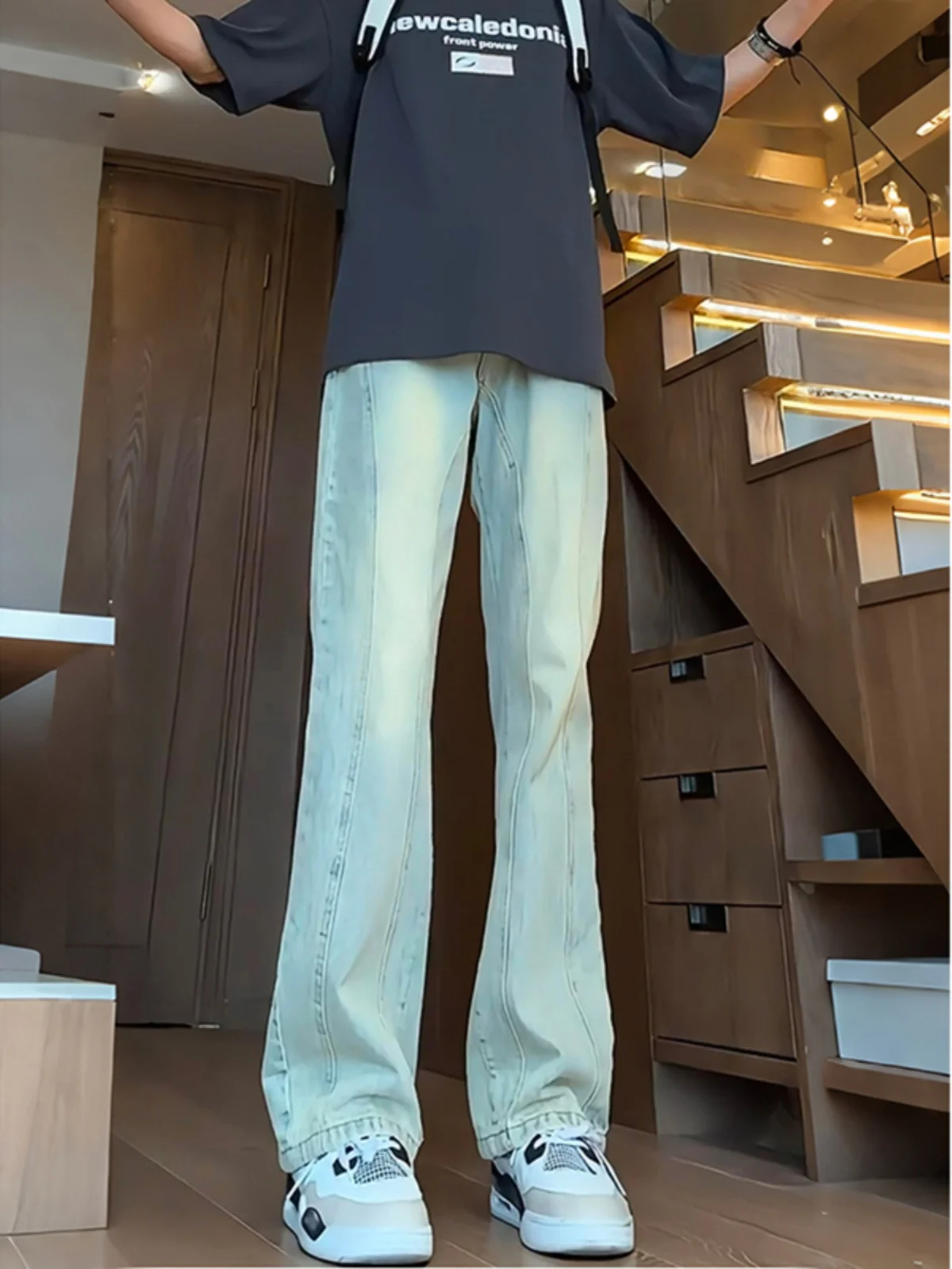 

American Vibe High Waist Jeans Washed Yellow Mud Color Men's Summer Trendy Loose Slim Straight Micro Flared Pants