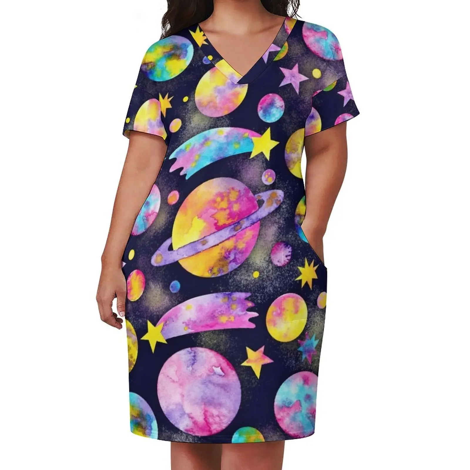 Outer Space Watercolour Planets All Over Pattern Loose Pocket Dress wedding dresses for parties dress for women 2024