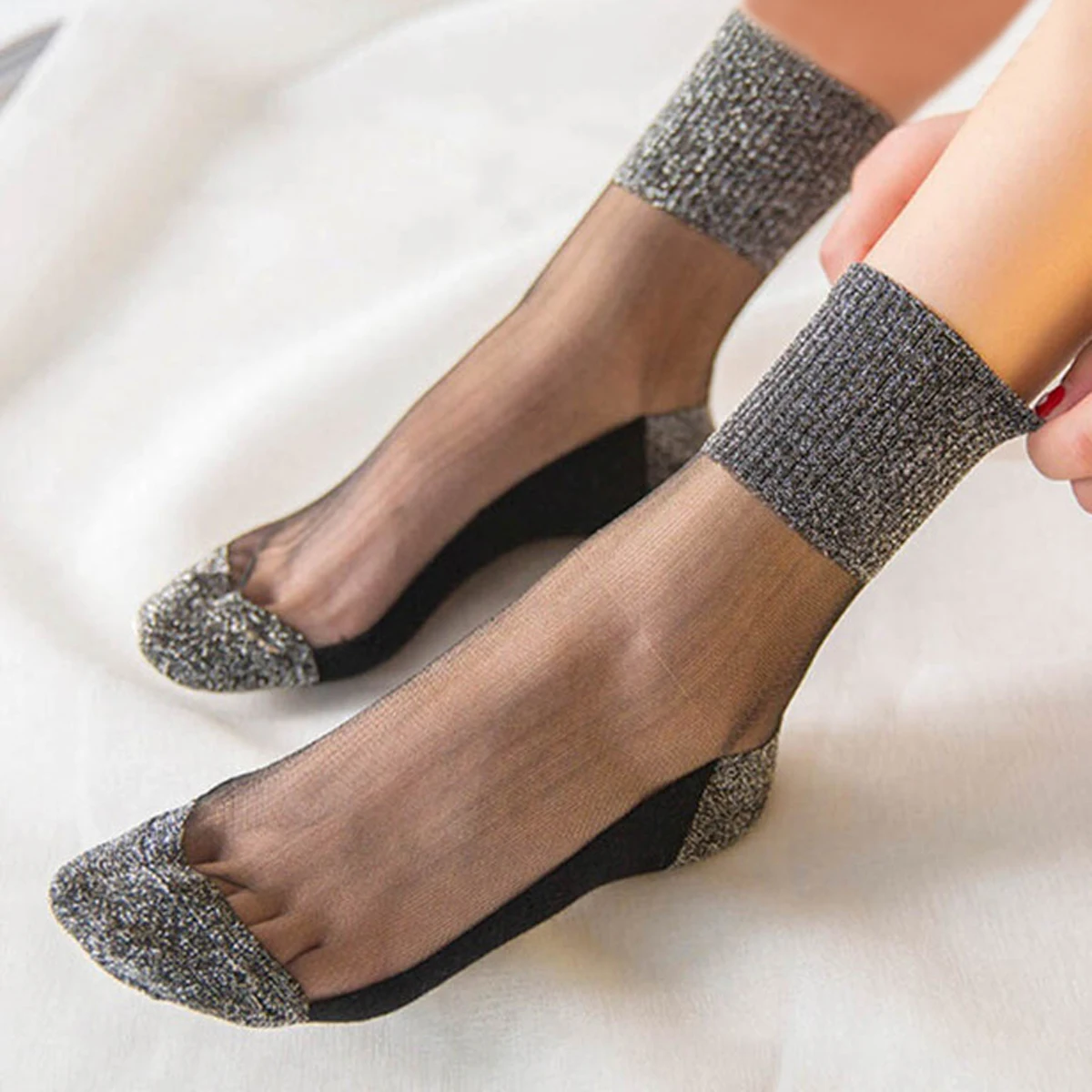 5 Pairs Spring Summer Women Ultrathin Transparent Socks Glitter Crystal Glass Silk Socks Soft Lace Shiny Elastic Short Socks