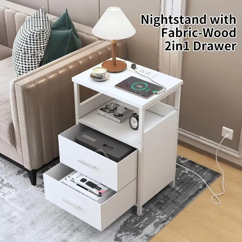 Nightstand with Charging Station, End Table with Fabric Wood Drawer, Living Room