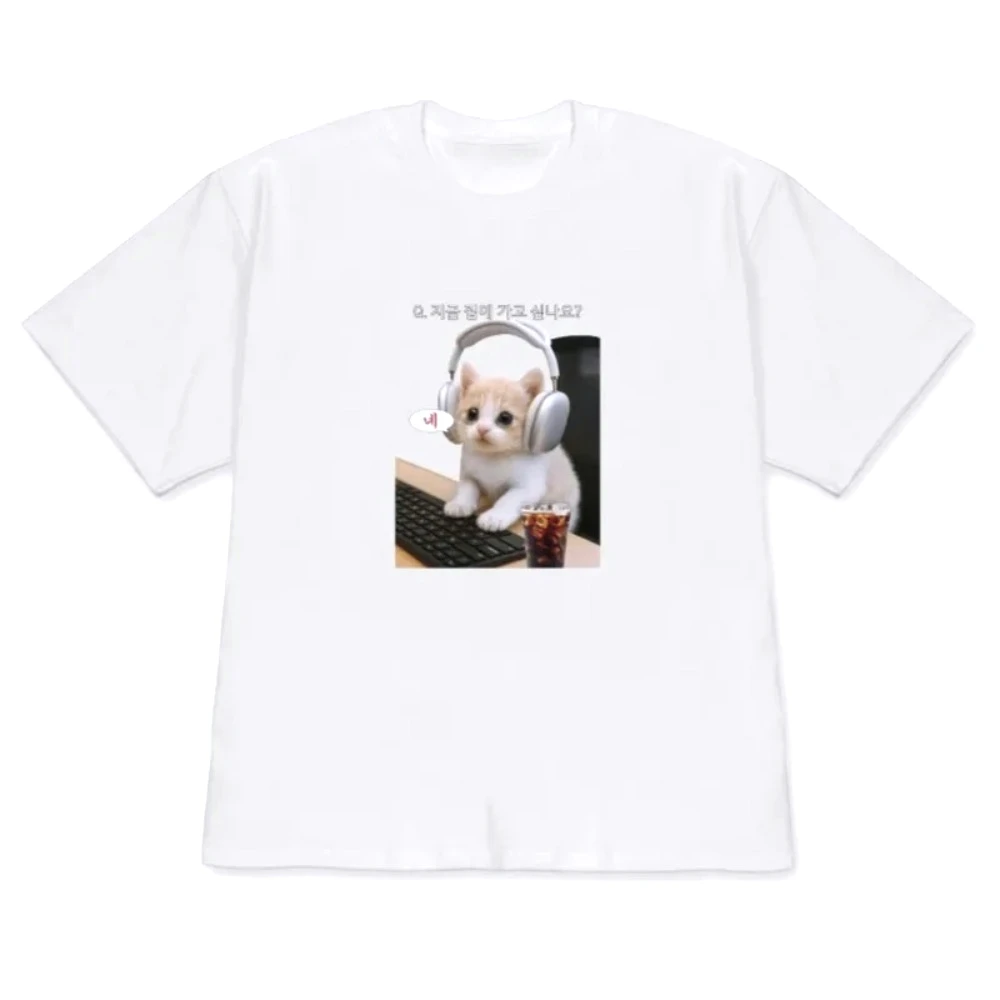 Korean Style T-shirt Yes I'm Working Short-sleeved Printed Top Cute Versatile Headphone Cat Meme Casual Y2k Streetwear for Women