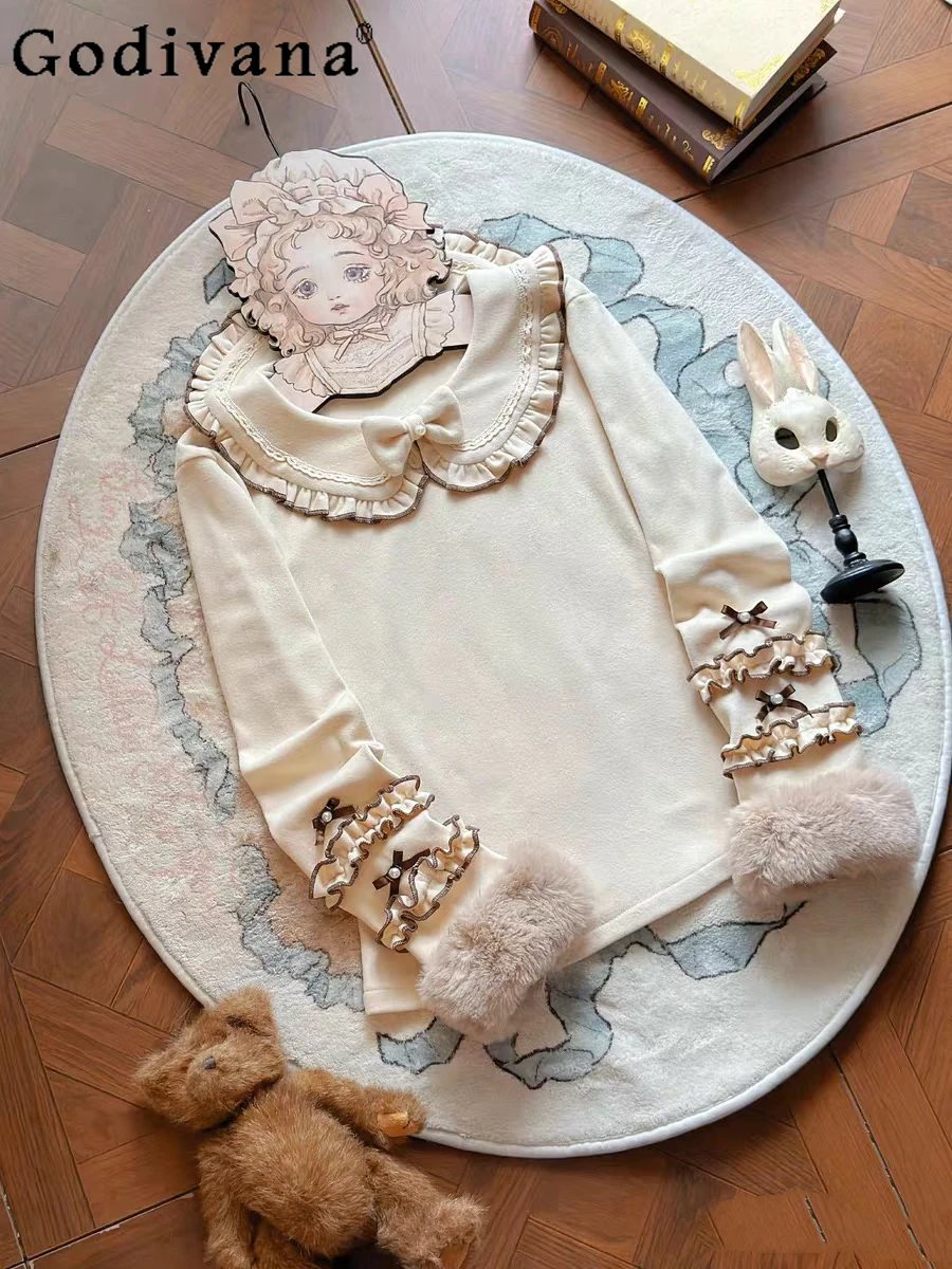 

Lolita New Long Sleeve Autumn Winter Doll Collar Thin Velvet Shirt Sweet Girl Versatile Top JSK Lace Inner Wear