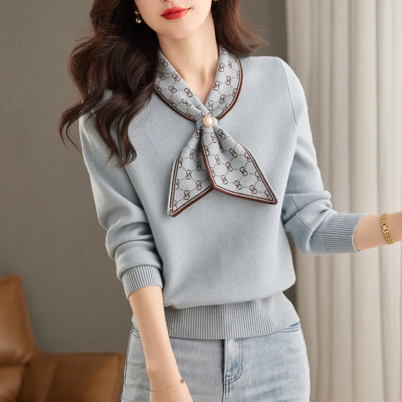 2023 Autumn Winter Women\'s Thick Knitwear Simple Fashion Sweater Female Casual Loose Pearl Bow Solid Soft Comfortable Knitwear