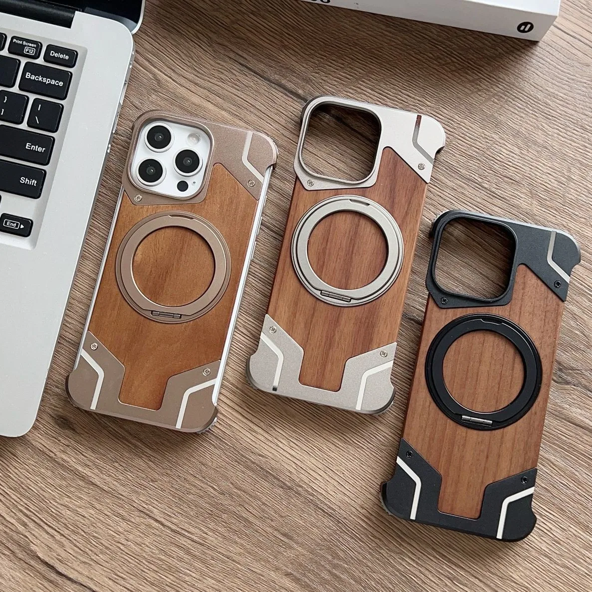Para IPhone 17 Promax funda de teléfono con marco de Metal de madera de nogal, soporte de succión magnética giratorio de 360 grados, función antigravedad