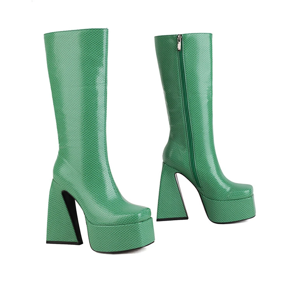 2023 New Autumn Winter Woman Strange Thick High Heels Platform Knee High Boots Punk Green Square Toe Botas Shoes Lady Big Size